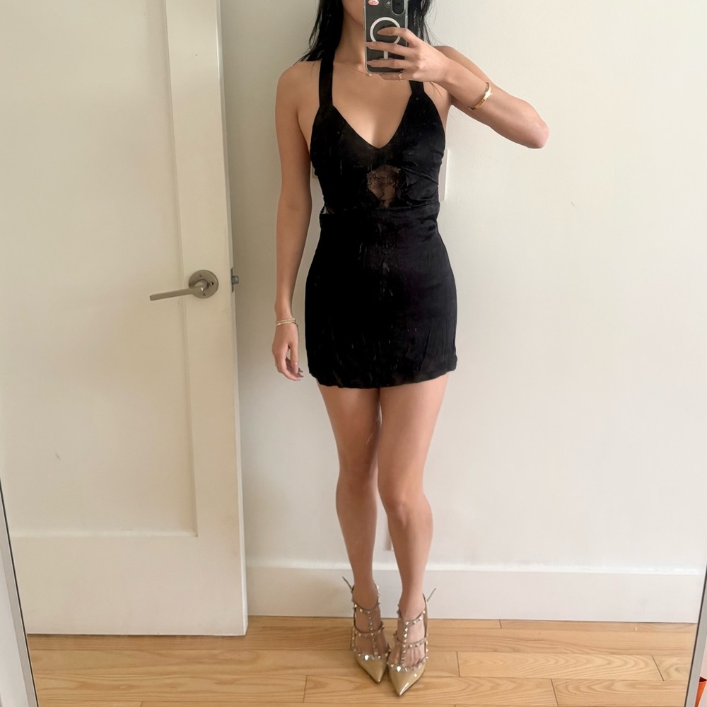 NWOT LF Seek the Label Chic Black Mini Dress with Lace Trim Cutouts